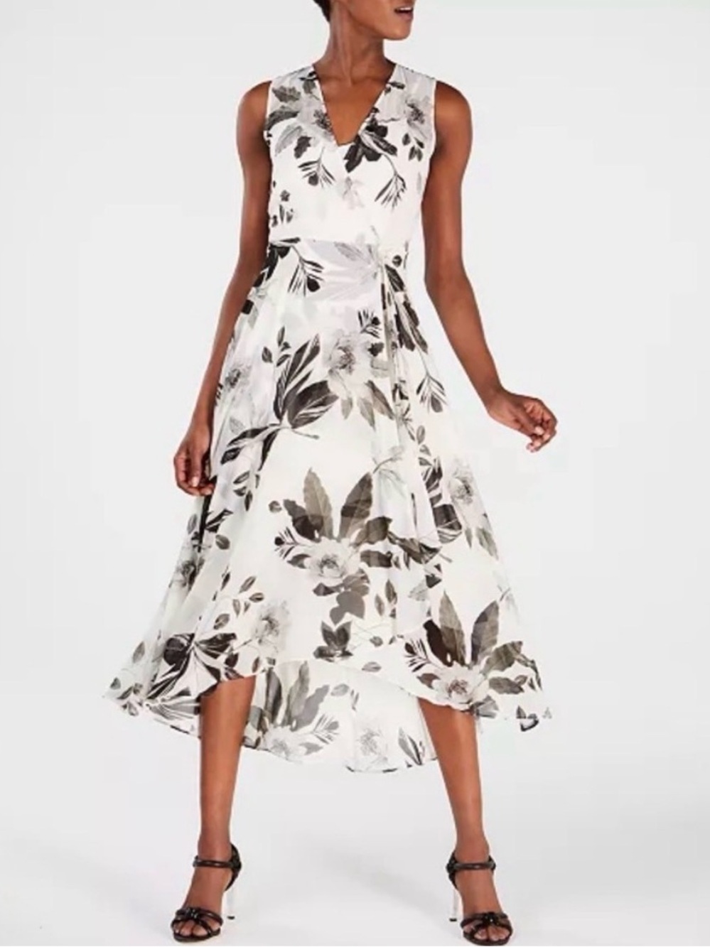 Calvin Klein Sleeveless White Floral High-Low Midi Dress Size 6